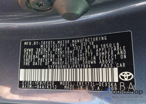 2018 Toyota Corolla Se from USA, damaged, VIN 5YFBURHE8JP817984